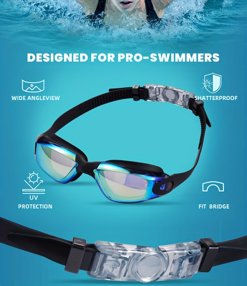 2-Pack HD Swim Goggles Gold-Plated Lens Anti-Fog Anti-Leak with Adjustable Strap & Earplugs - Professional Clear Vision Pool Goggles for Beginners, Daily Training, Men & Women (Black/White or Blue/Red)