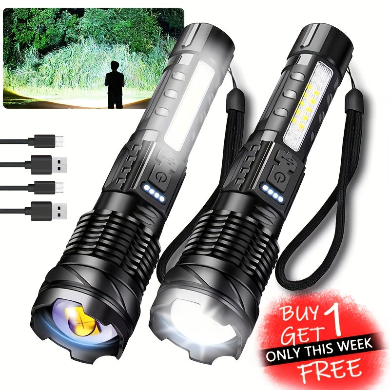 LED Flashlight 2-Pack Rechargeable USB High Brightness - 6 Lighting Modes COB Side Light Zoomable Handheld Torch for Camping Emergencies Outdoor Adventures