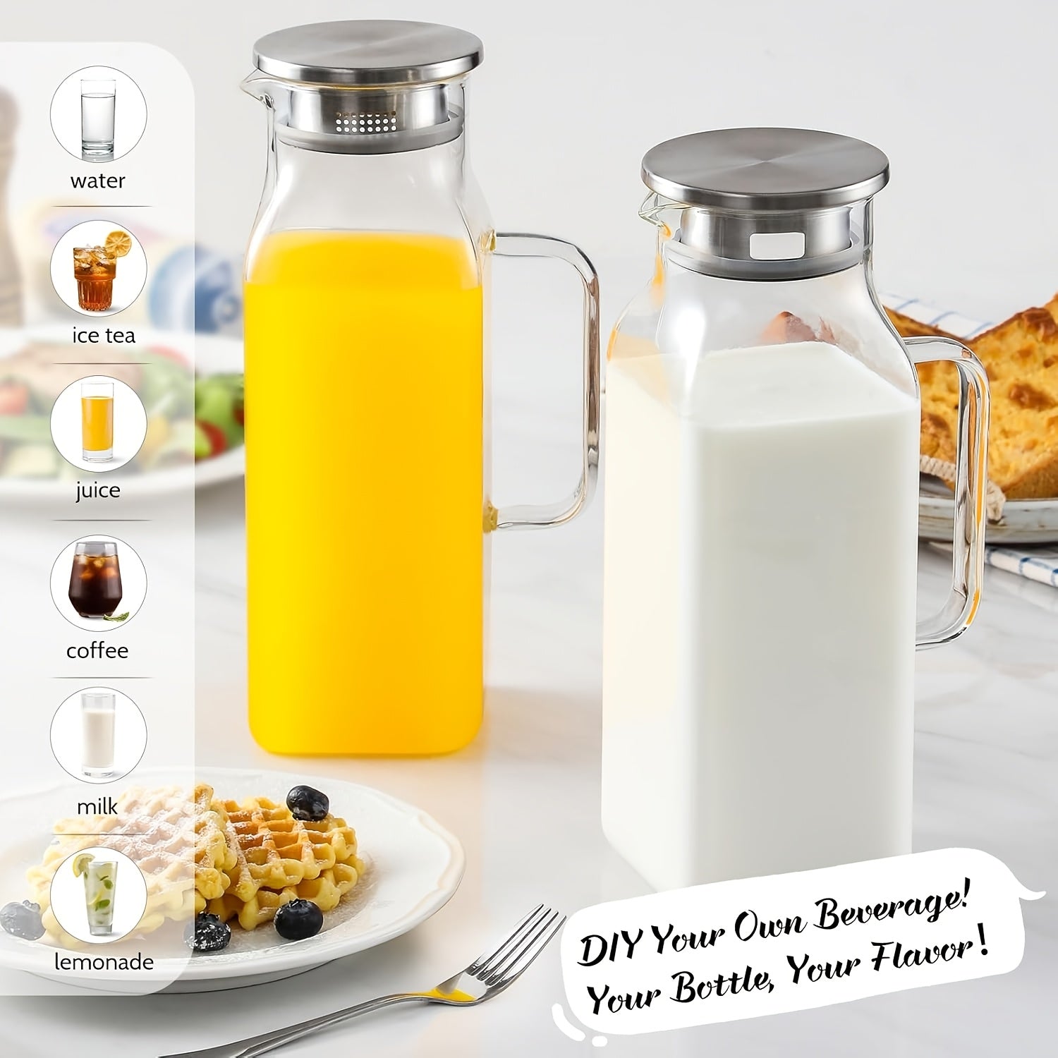 Glass Pitcher with Lid 68oz 2 Pack Square Borosilicate Glass Water Pitcher with Handle Classic Stripes Carafe for Fridge Iced Tea Coffee Cold Hot Brew Large Jug