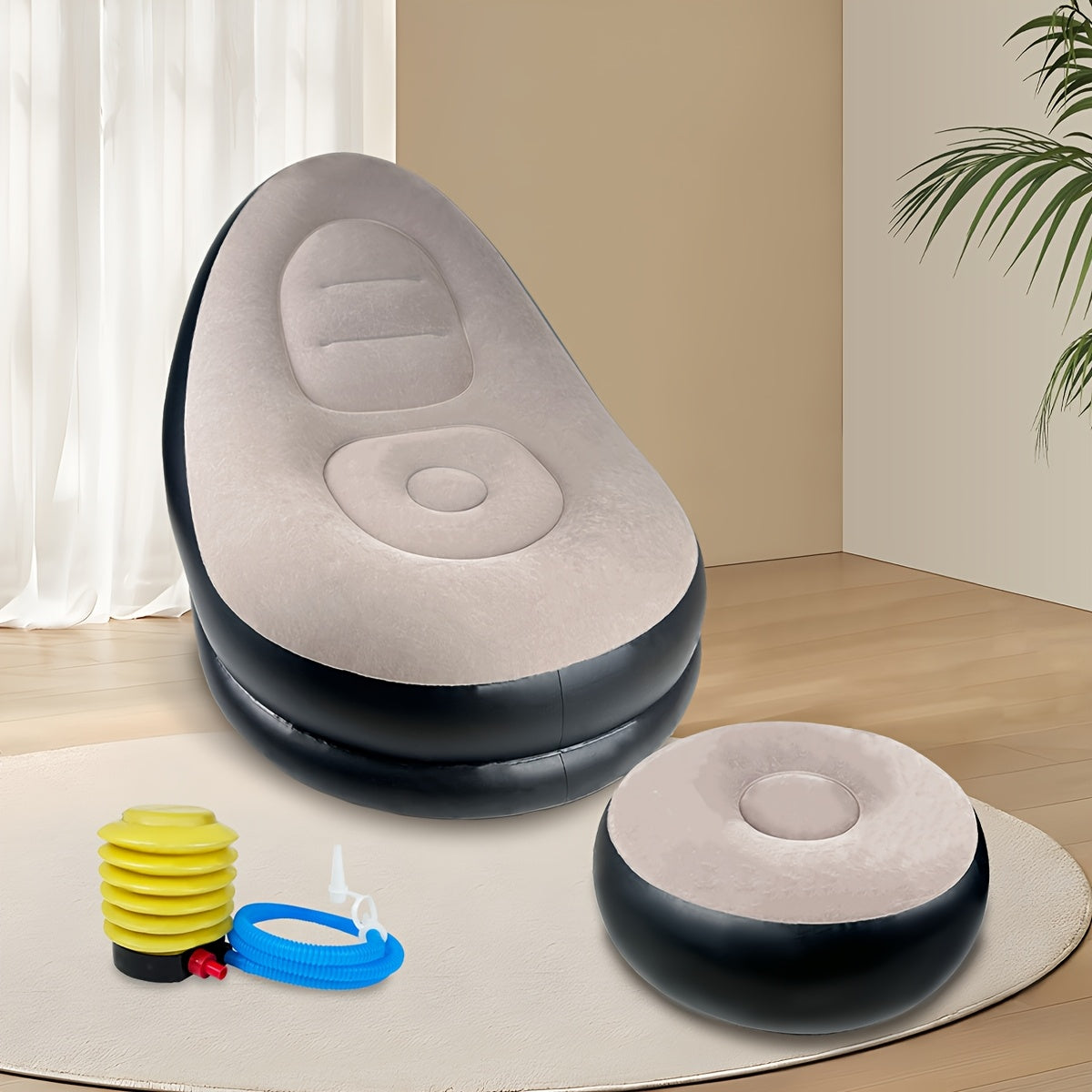 Inflatable Sofa with Footstool 2-Piece Set Heavy Duty Plush Fabric Portable Air Couch with Pump – Indoor Outdoor Camping Beach Backyard Lounge