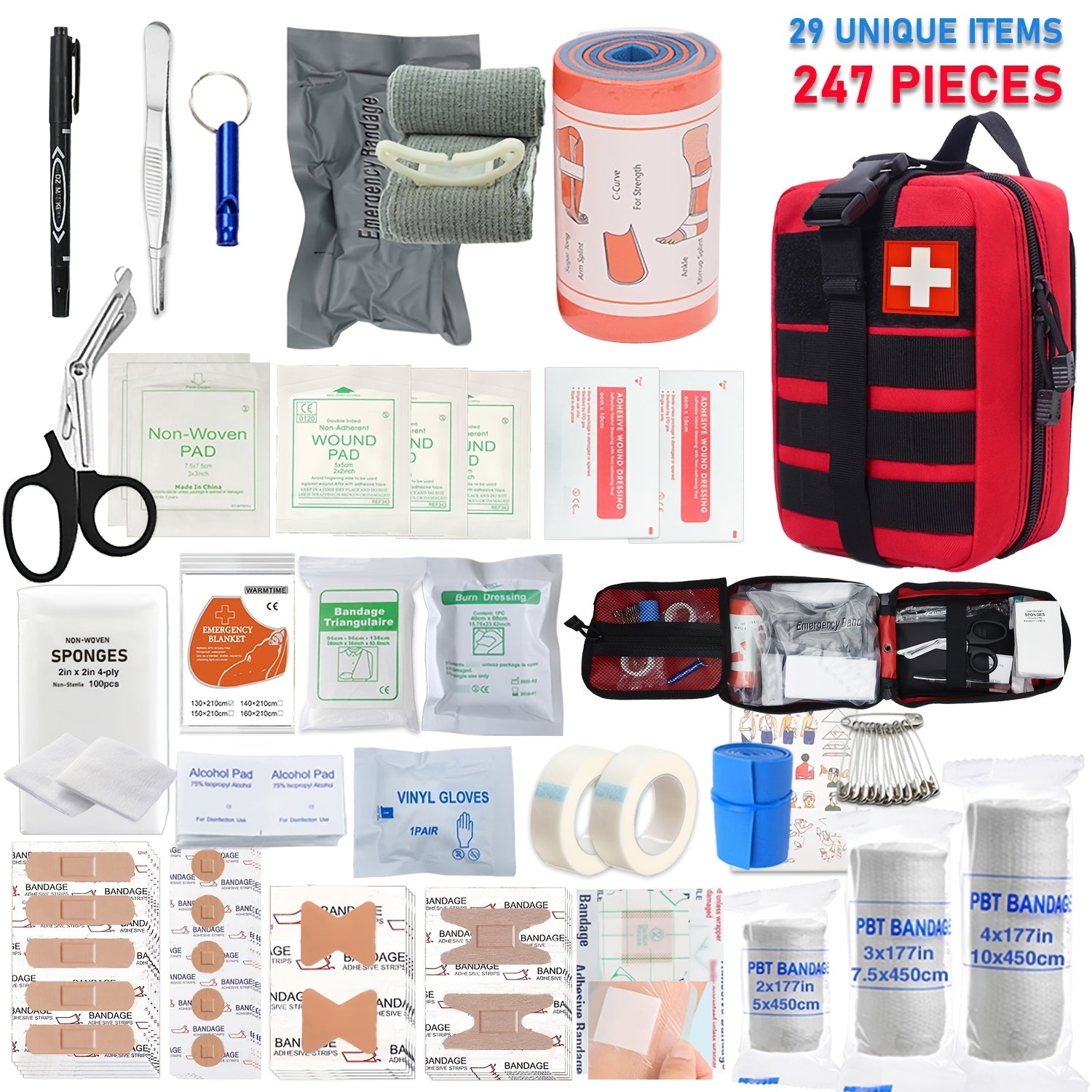 247 Piece IFAK Trauma First Aid Kit with CAT Tourniquet - MOLLE Compatible Tactical Medical Bag - Bleeding Control Wound Care Splinting Airway Management - EMT Military Camping Hiking Home FSA HSA Eligible