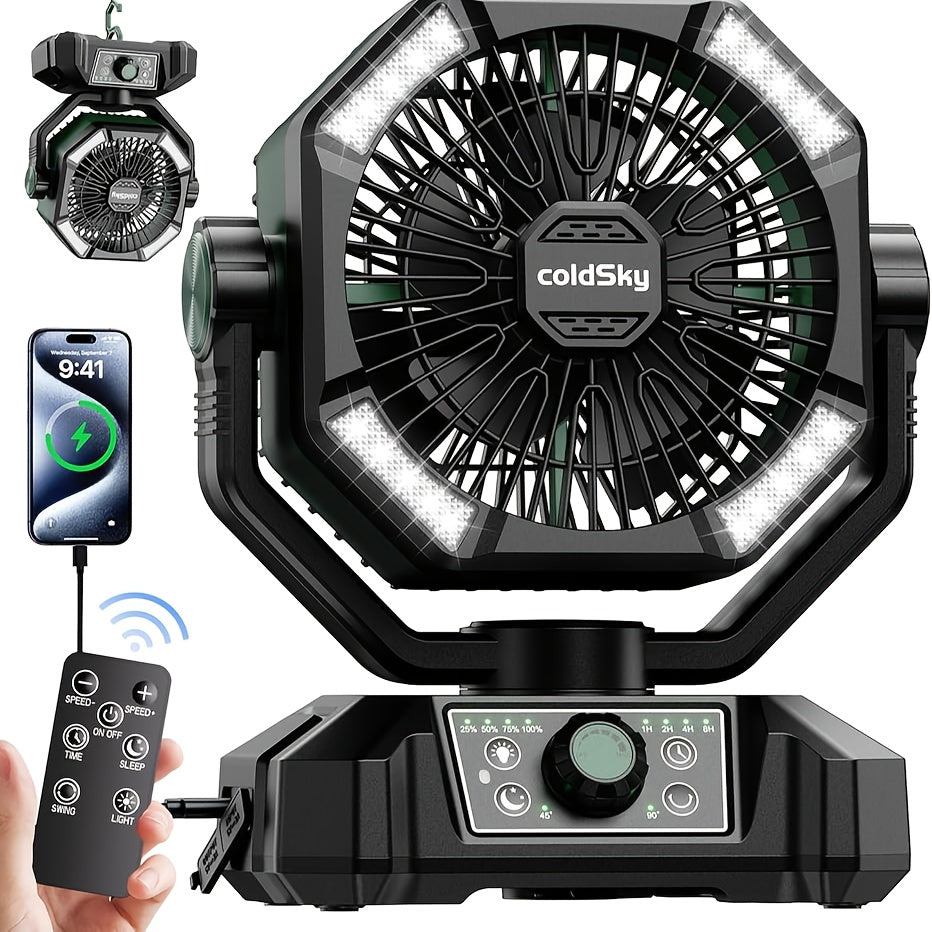 Battery Powered Camping Fan 20000mAh Dual Motor with LED Lantern, 8 Speeds, Remote & Hanging Hook – Tent Fan for Outdoor, RV, Power Outage