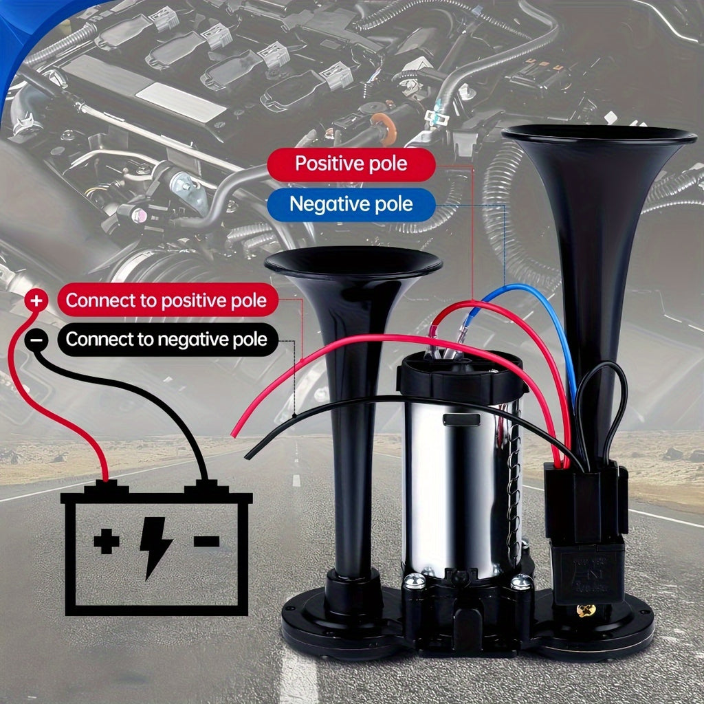 Air Horn Kit 12V 24V Ultra Loud 105-137dB Dual Trumpet Horn with Air Compressor for Truck SUV Motorcycle Boat Train Car Pickup Aluminum Alloy Universal