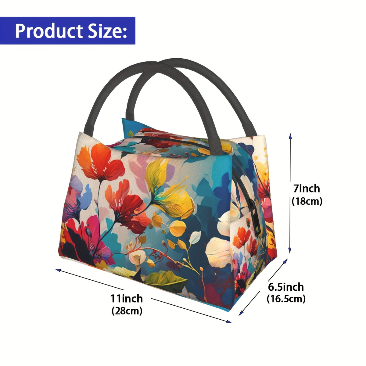 Insulated Lunch Bag for Women Vibrant Floral Reusable Cooler Tote with Black Handles 11x6.5x7 In - Leakproof Lunch Box for School Office Camping Picnic Beach - Lightweight Polyester Lunch Bag
