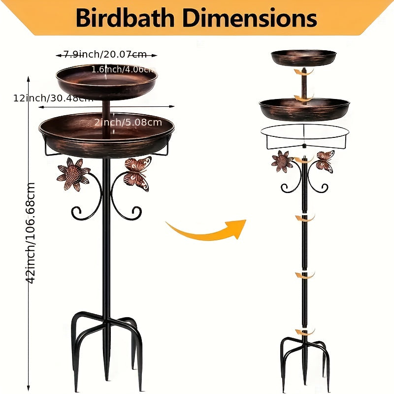 Bird Bath for Outdoor Garden - 42 Inch Heavy Duty Metal Double Layer Bird Bath & Feeder, Large Capacity Water Basin, 5-Claw Stable Base, Easy to Install & Clean, Copper Color Yard Decoration