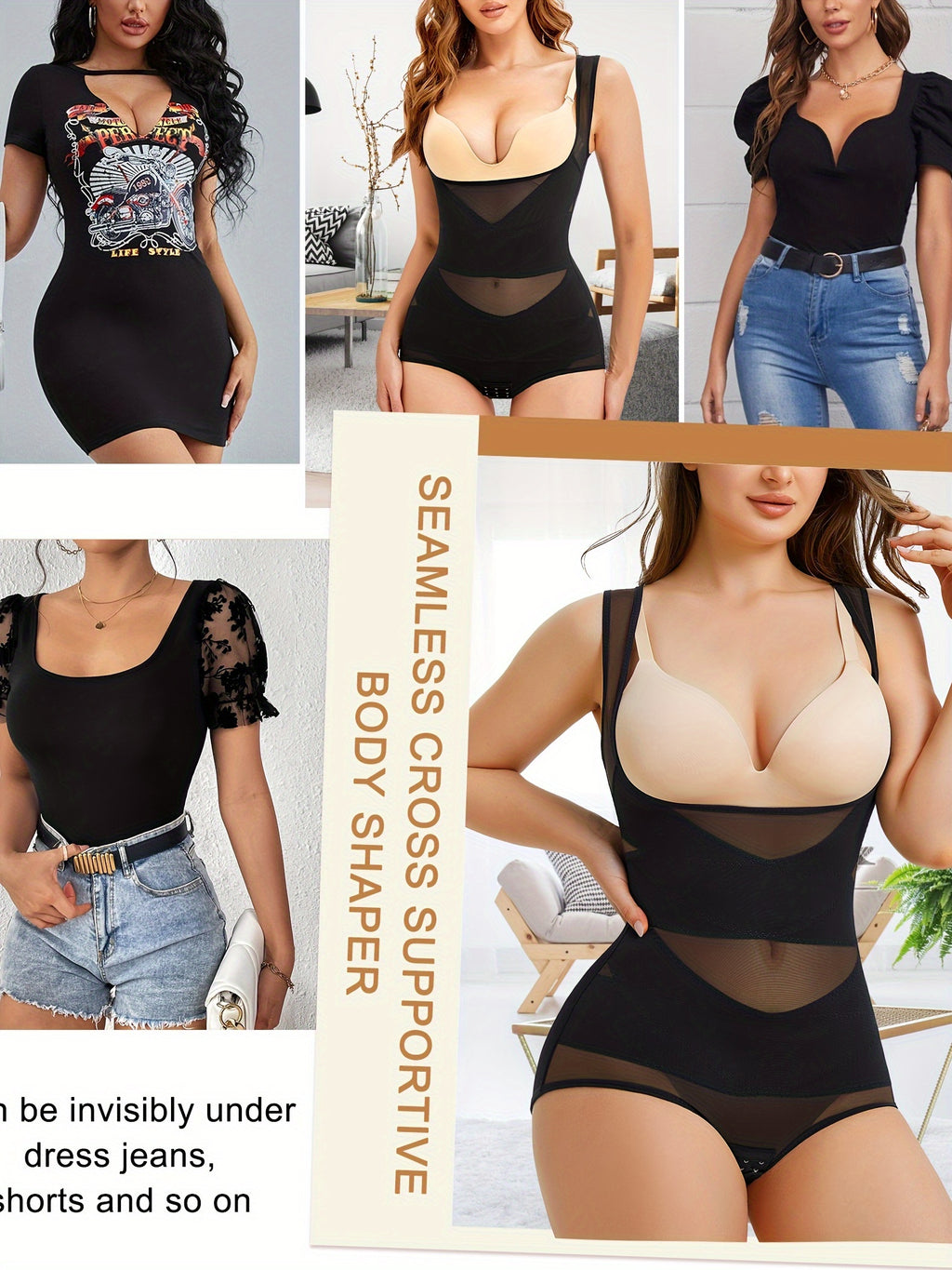 Women's Shapewear Bodysuit with Tummy Control – High-Waist Butt Lifter, U-Shape Push Up, Wide Straps, Breathable Nylon Body Shaper, 5 Colors, Sizes S-XXL