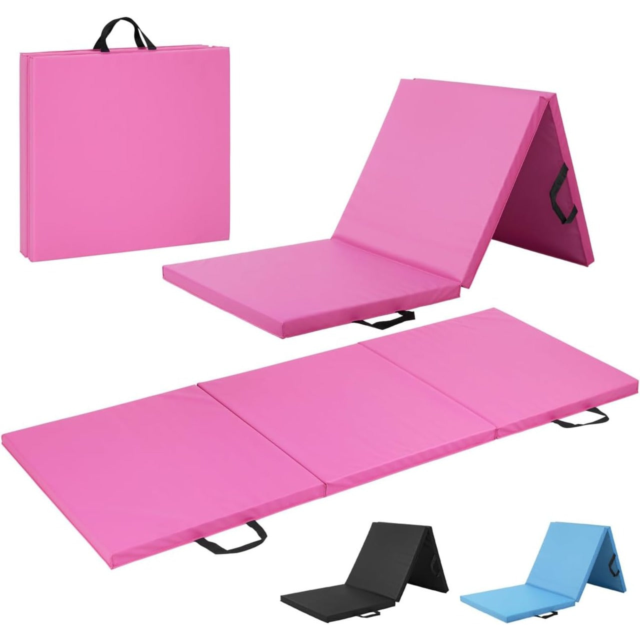Folding Exercise Mat 1.5 Inch Thick Tri Fold Foam Gym Mat with Carrying Handles for Gymnastics Yoga MMA Martial Arts Stretching Core Workouts – Foldable Floor Mat Black Blue Pink