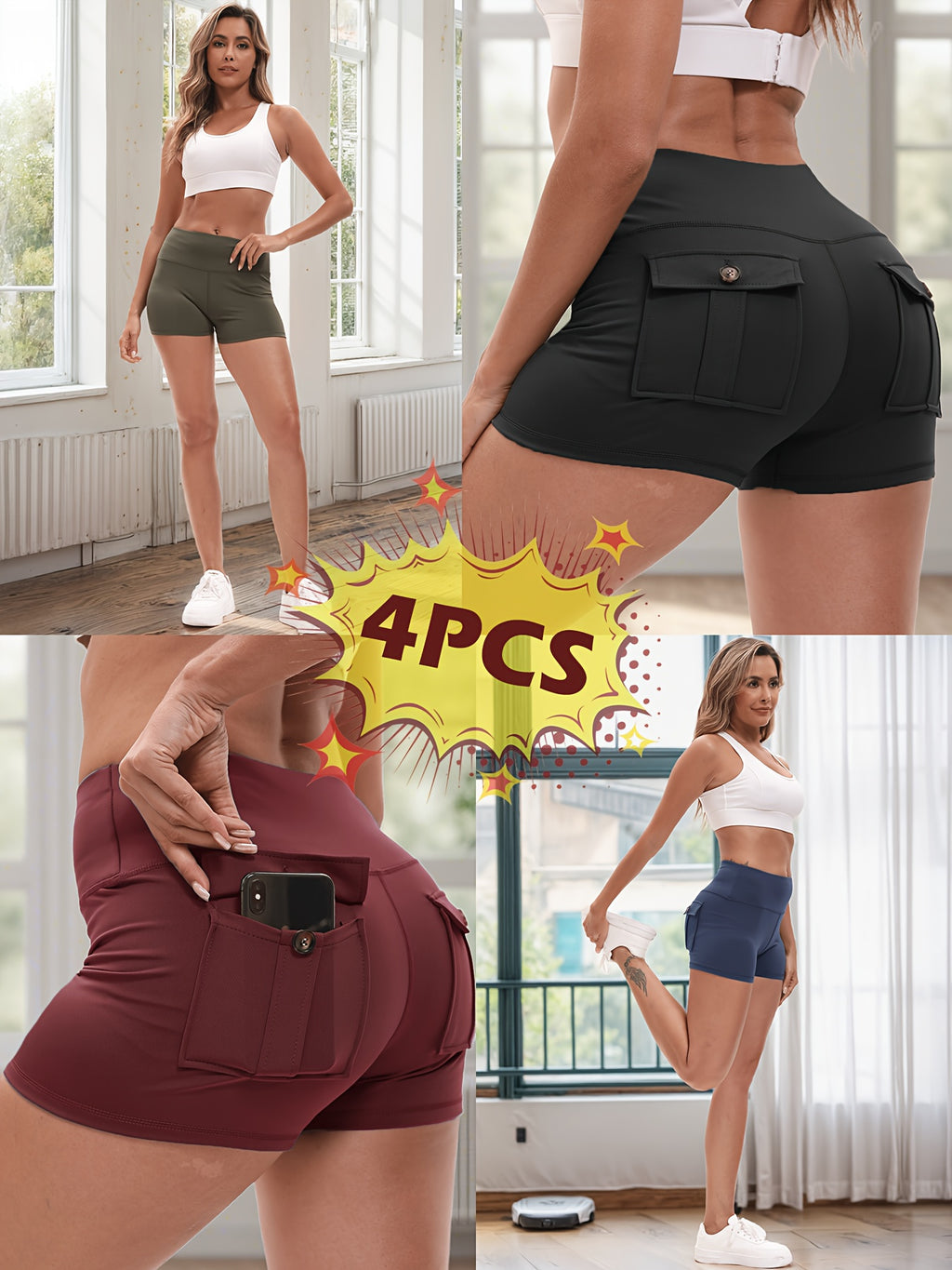 Women's 4-Pack Workout Shorts Set - Cargo & Yoga Shorts with Hip Lifting Shaping, High-Stretch Elastic Waist, Quick-Dry Fabric, Pockets, S-XXL Activewear Bundle