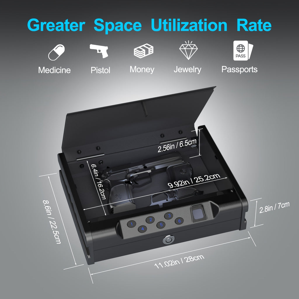 Fingerprint Pistol Safe Quick Access Handgun Safe Box for 2 Guns – Biometric Gun Safe with Backup USB-C, Bedside Car Nightstand Vault for Pistols Cash Documents