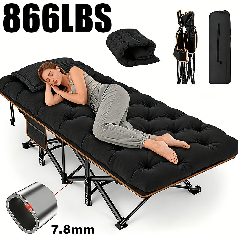 Portable Folding Camping Bed with Side Pockets - 60/75 Inch Heavy-Duty Cot 666/866 lb Capacity - Easy-Store Guest Bed for Camping Patio Office Guest Room - Folding Cot with Optional Mattress