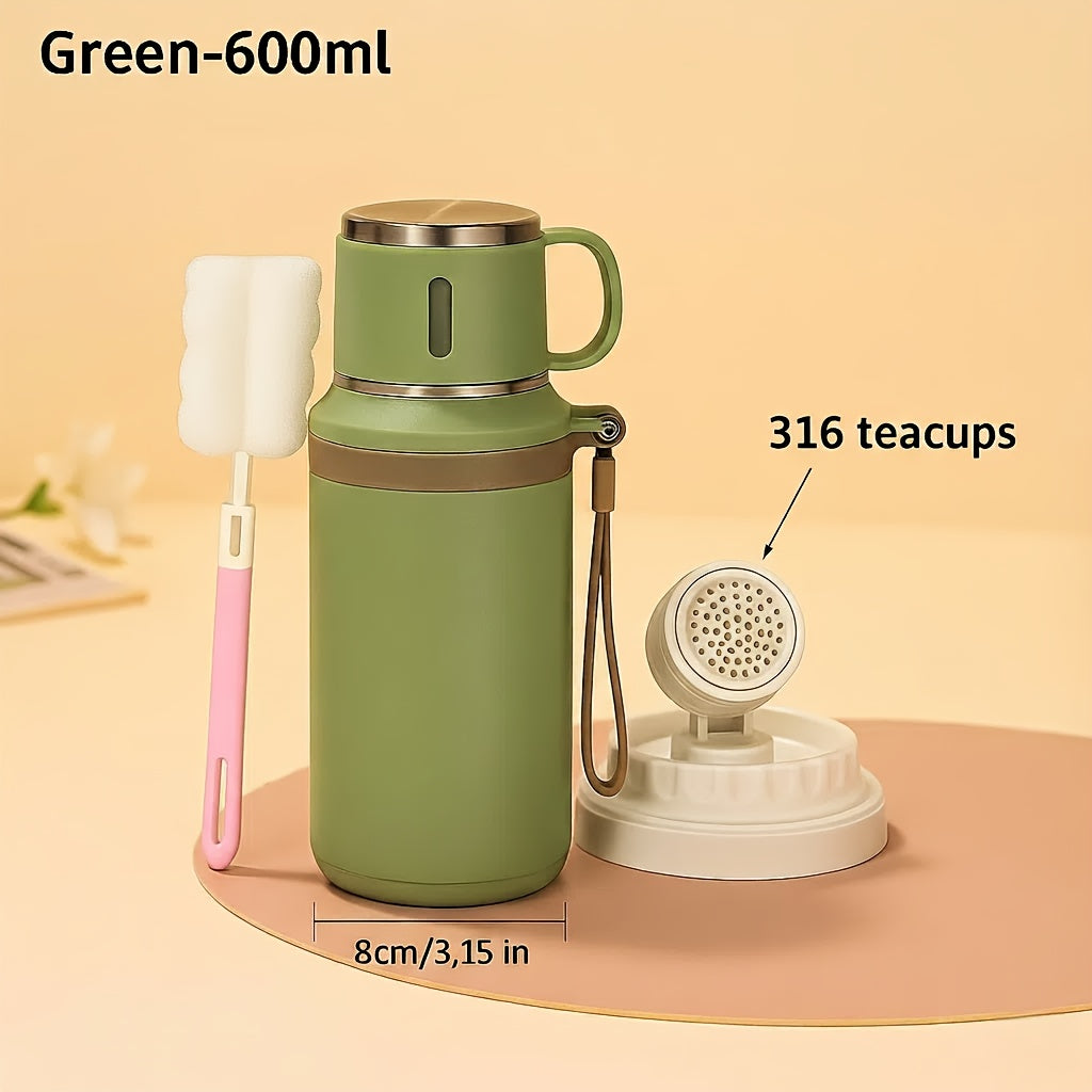 Insulated Water Bottle 600ml Stainless Steel Double Wall Leak-Proof Lid with Handle & Cleaning Brush – Vacuum Tumbler for Outdoor Hiking Camping Gym Travel