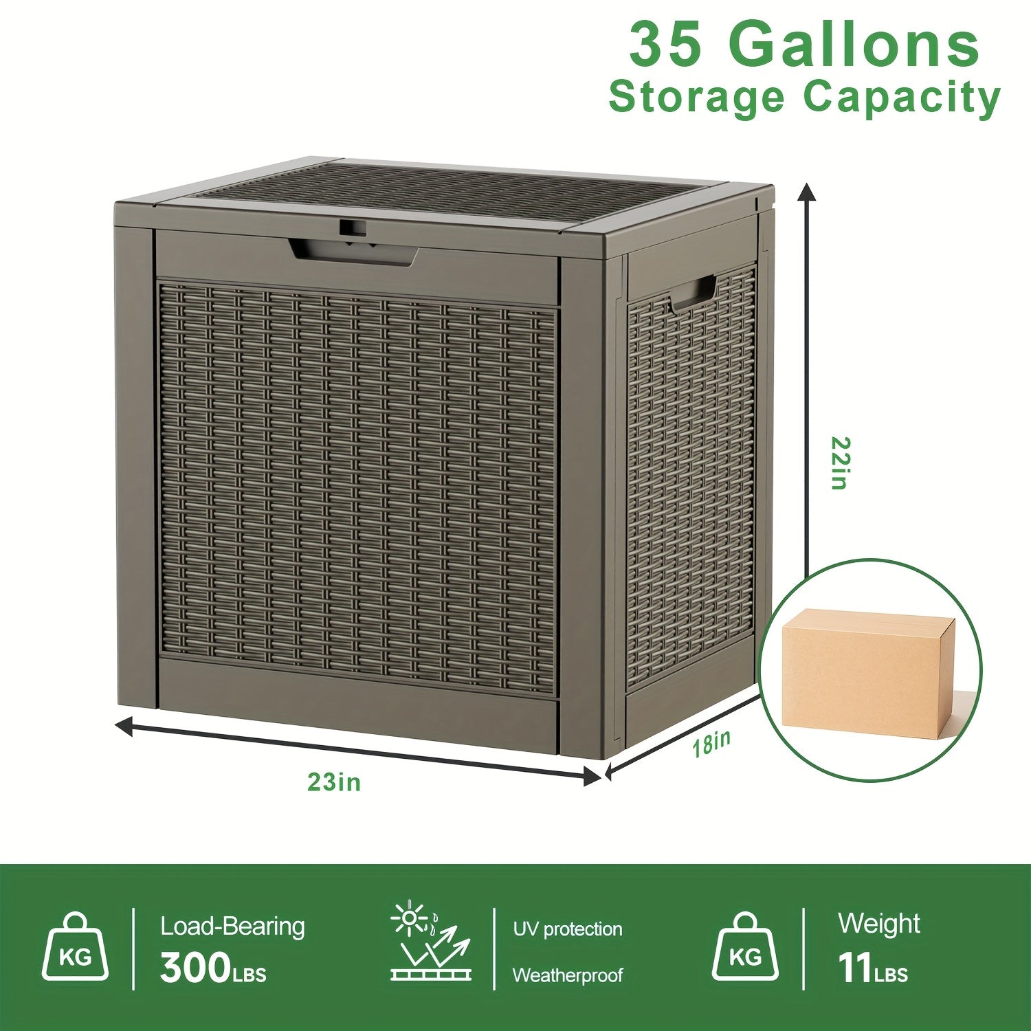 35 Gallon Outdoor Storage Deck Box – UV & Waterproof Lockable Resin Organizer for Patio Furniture, Garden Tools & Toys | Wood Grain & Rattan Style, Indoor Outdoor Use