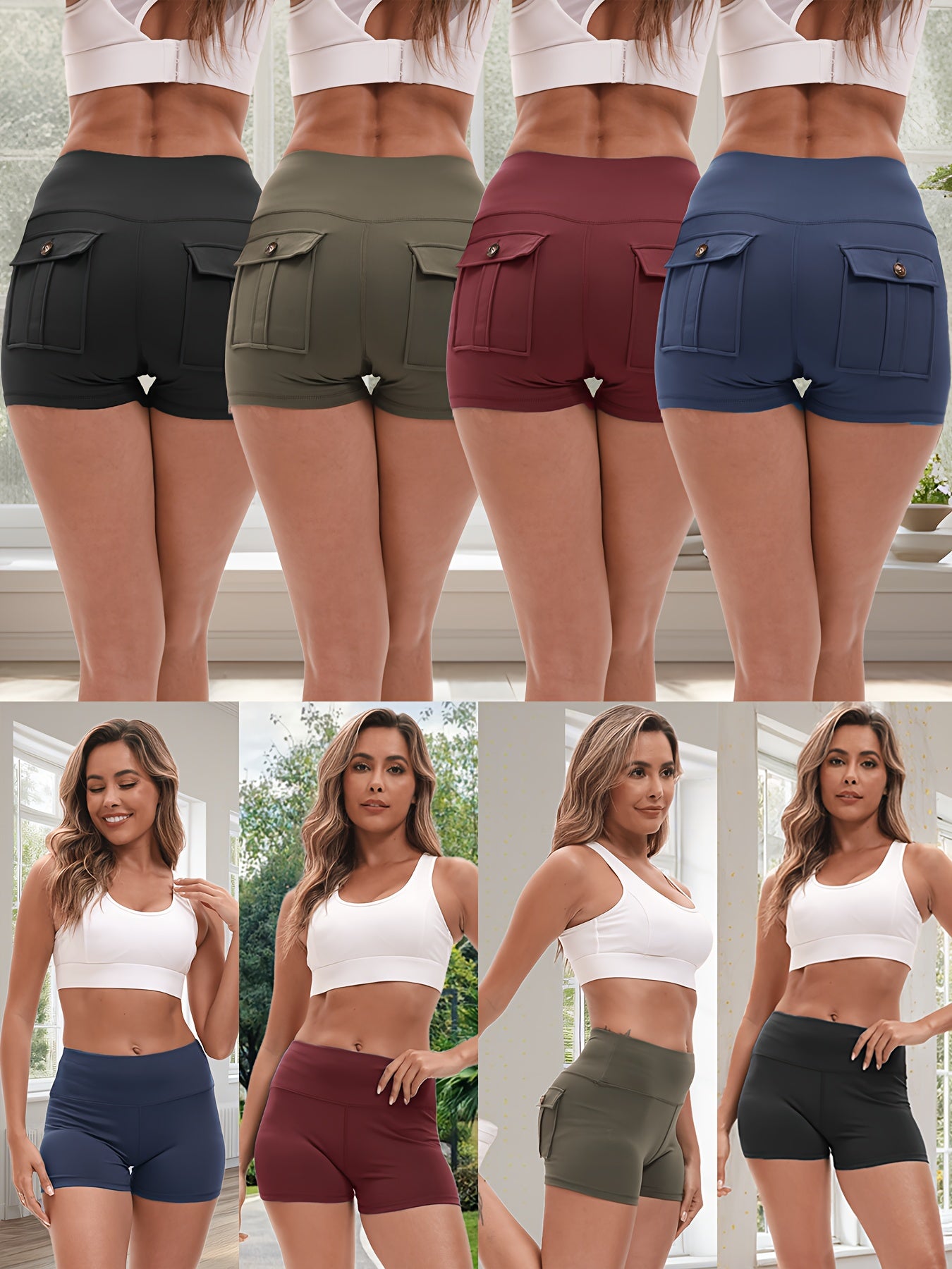 Women's 4-Pack Workout Shorts Set - Cargo & Yoga Shorts with Hip Lifting Shaping, High-Stretch Elastic Waist, Quick-Dry Fabric, Pockets, S-XXL Activewear Bundle