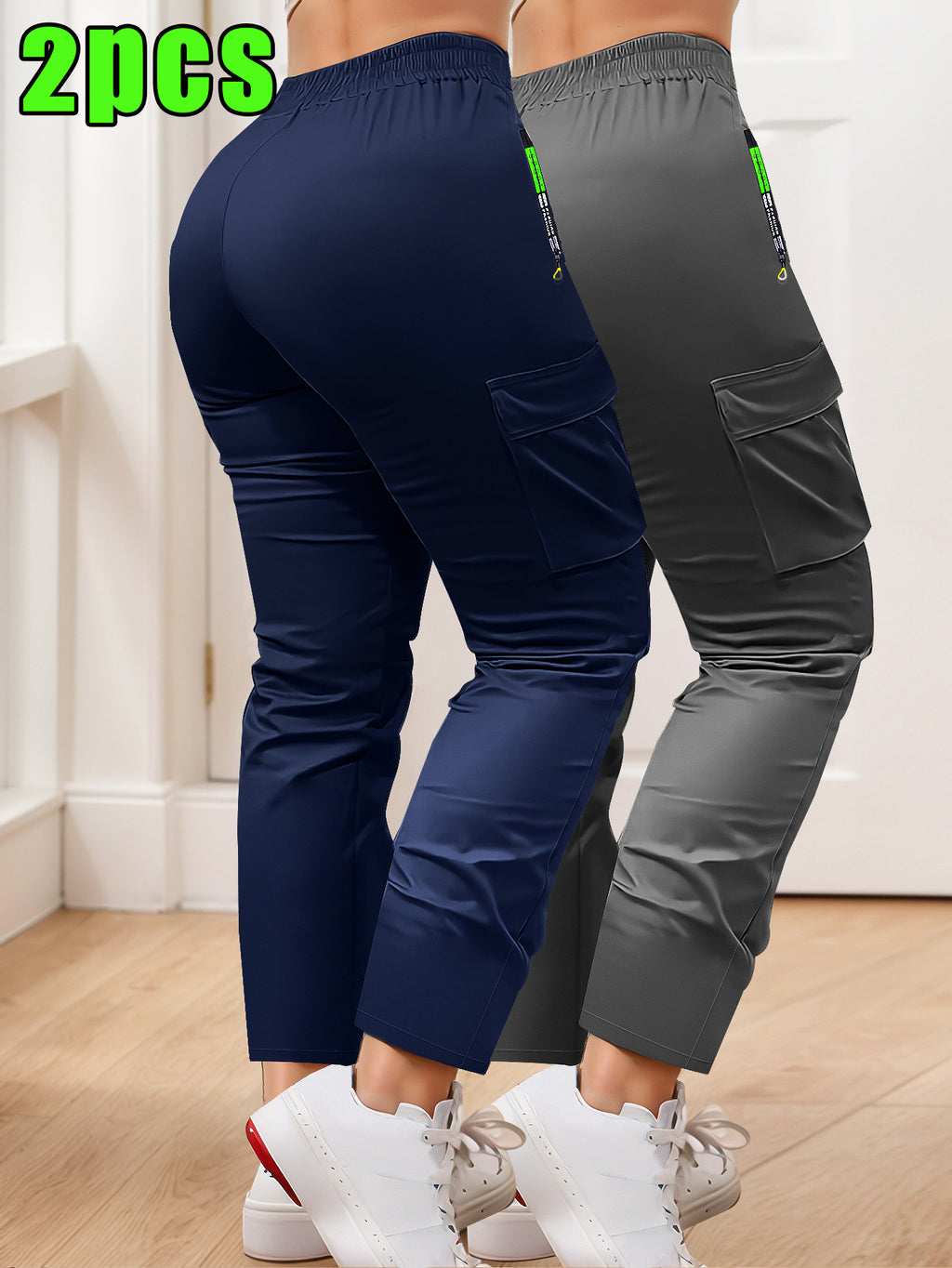 Women's Slim Cargo Pants 2-Pack Multi-Pocket Drawstring Waist Zip Pocket Straight Leg – Casual Trousers for Outdoor Sports Everyday Wear & Dates