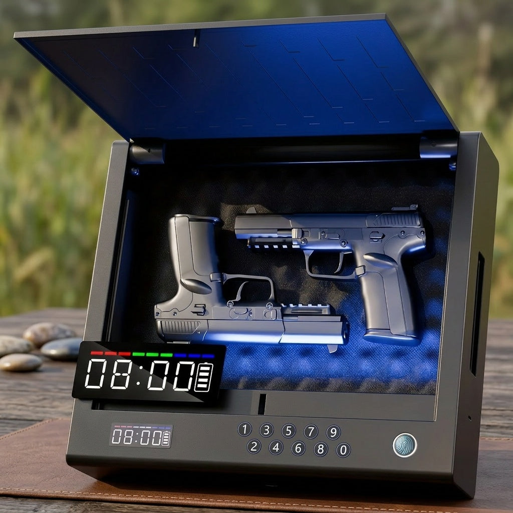 Fingerprint Gun Safe for Pistols Quick Access – LCD Display Digital Keypad Handgun Safe for Nightstand Bedroom & Car – Biometric Pistol Lock Box for Home Security