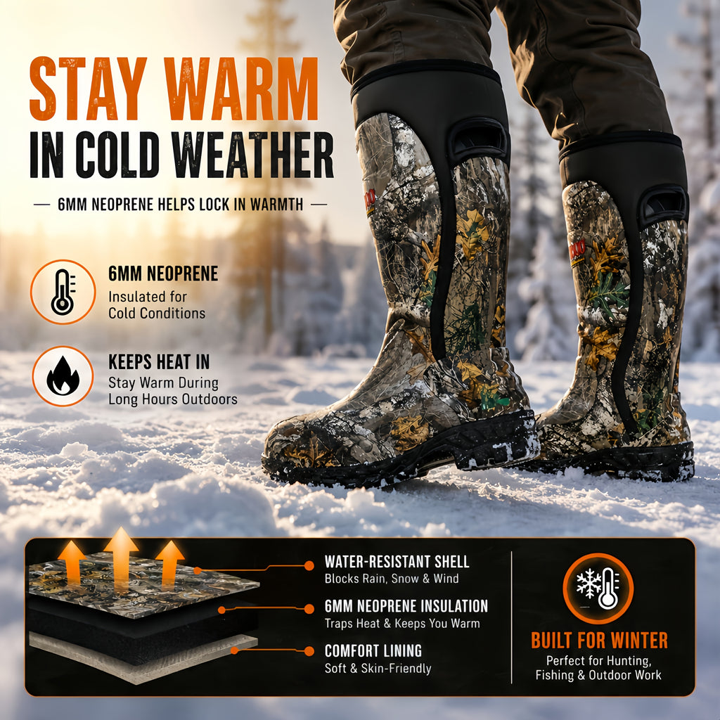 Men's 6mm Neoprene Insulated Hunting Boots – Waterproof Camouflage Rubber Boots with Non-Slip Sole, Slip-On Outdoor Boots for Duck Hunting Fishing Hiking Farming, Sizes US 8-14