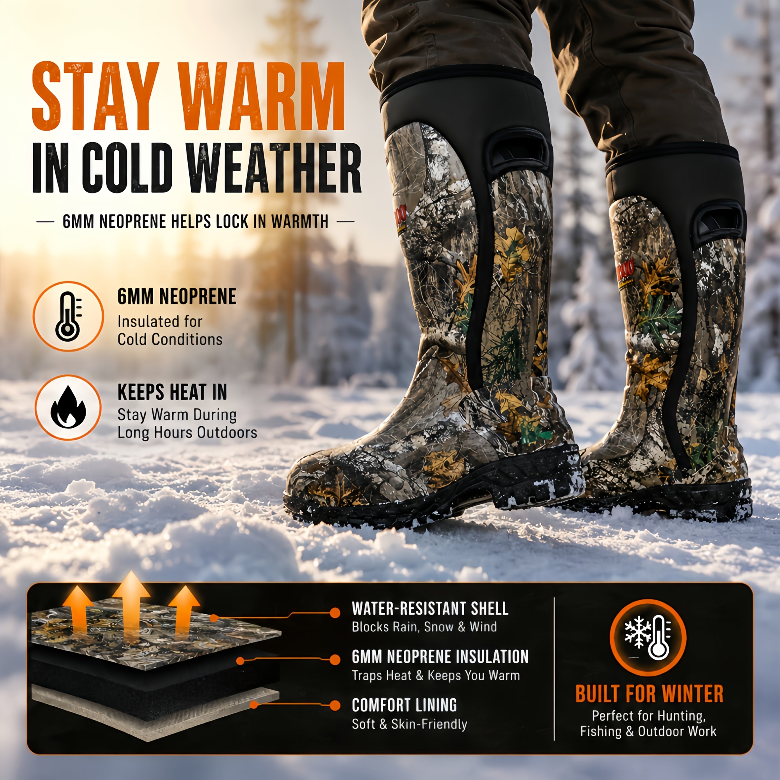 Men's 6mm Neoprene Insulated Hunting Boots – Waterproof Camouflage Rubber Boots with Non-Slip Sole, Slip-On Outdoor Boots for Duck Hunting Fishing Hiking Farming, Sizes US 8-14