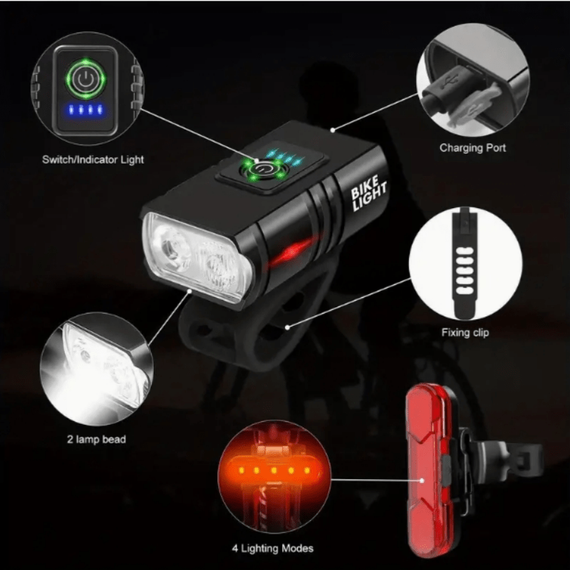 USB Rechargeable Bike Light Set Ultra-Bright Front and Rear – Type-C Fast Charge Aluminum Alloy Bicycle Lights 6 Front Modes 4 Rear Modes for Night Riding Commuting Camping Safety
