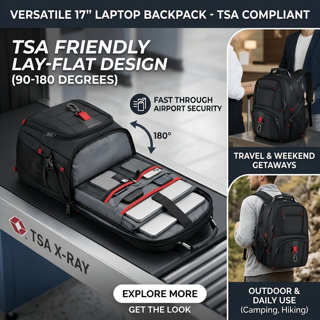 50L Extra Large Travel Backpack Fits 17" Laptop – Airline Approved, 3-Compartment Business & College Backpack for Men & Women, School, Work & Travel