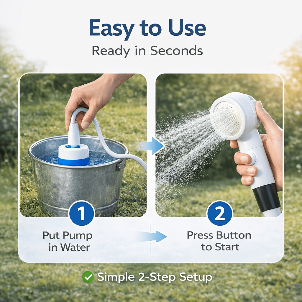 USB Powered Portable Camping Shower Pump with 6.5ft Hose, No Battery Submersible Water Pump for Camping Hiking Beach Pet Bathing Car Washing Garden Watering, Connects to Power Bank or Car Charger