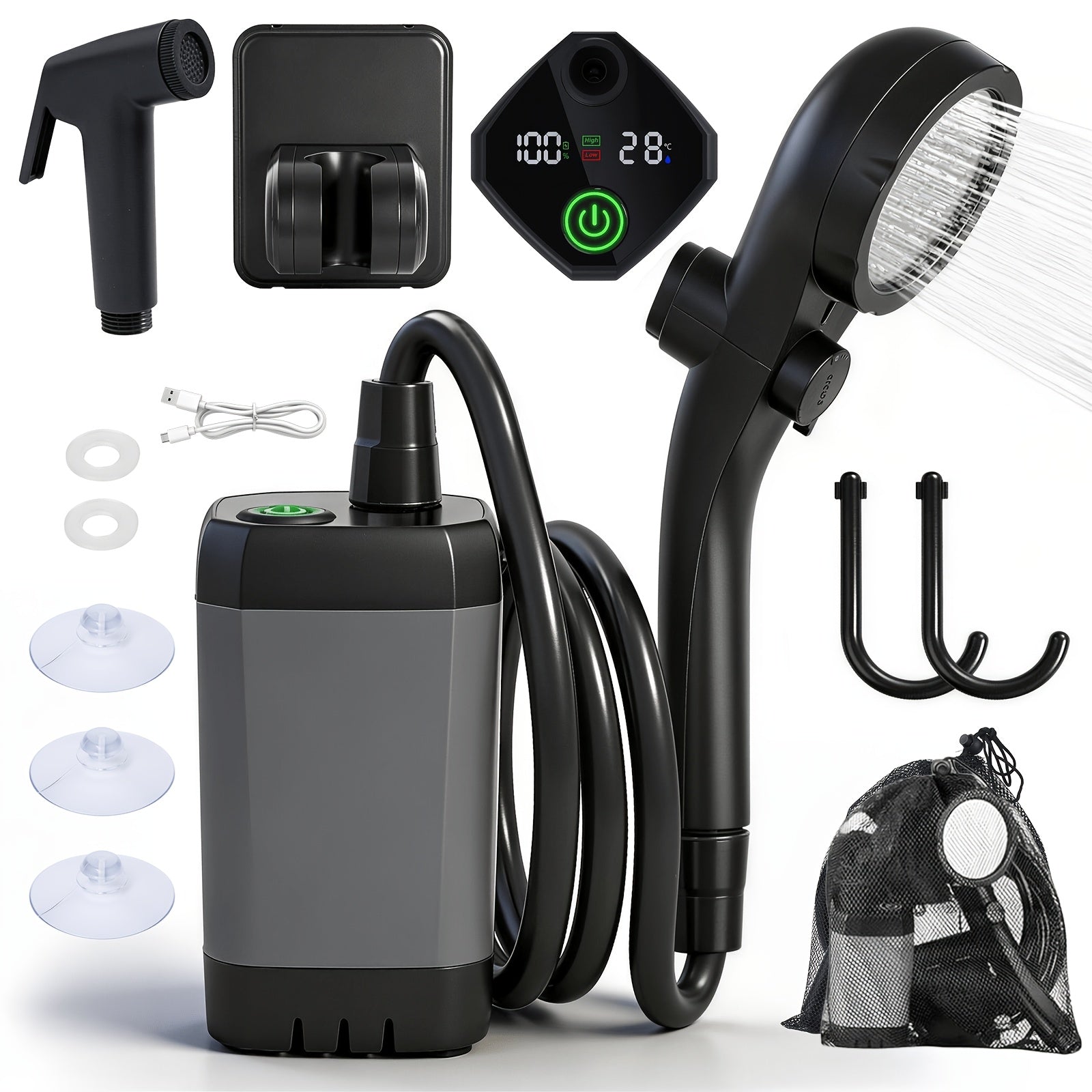 Portable Camping Shower 6000mAh Rechargeable Pump – IPX7 Waterproof, 4 Spray Modes, Outdoor Shower Kit for Camping Hiking Beach Pet Car Washing, Gift for Outdoors Lovers