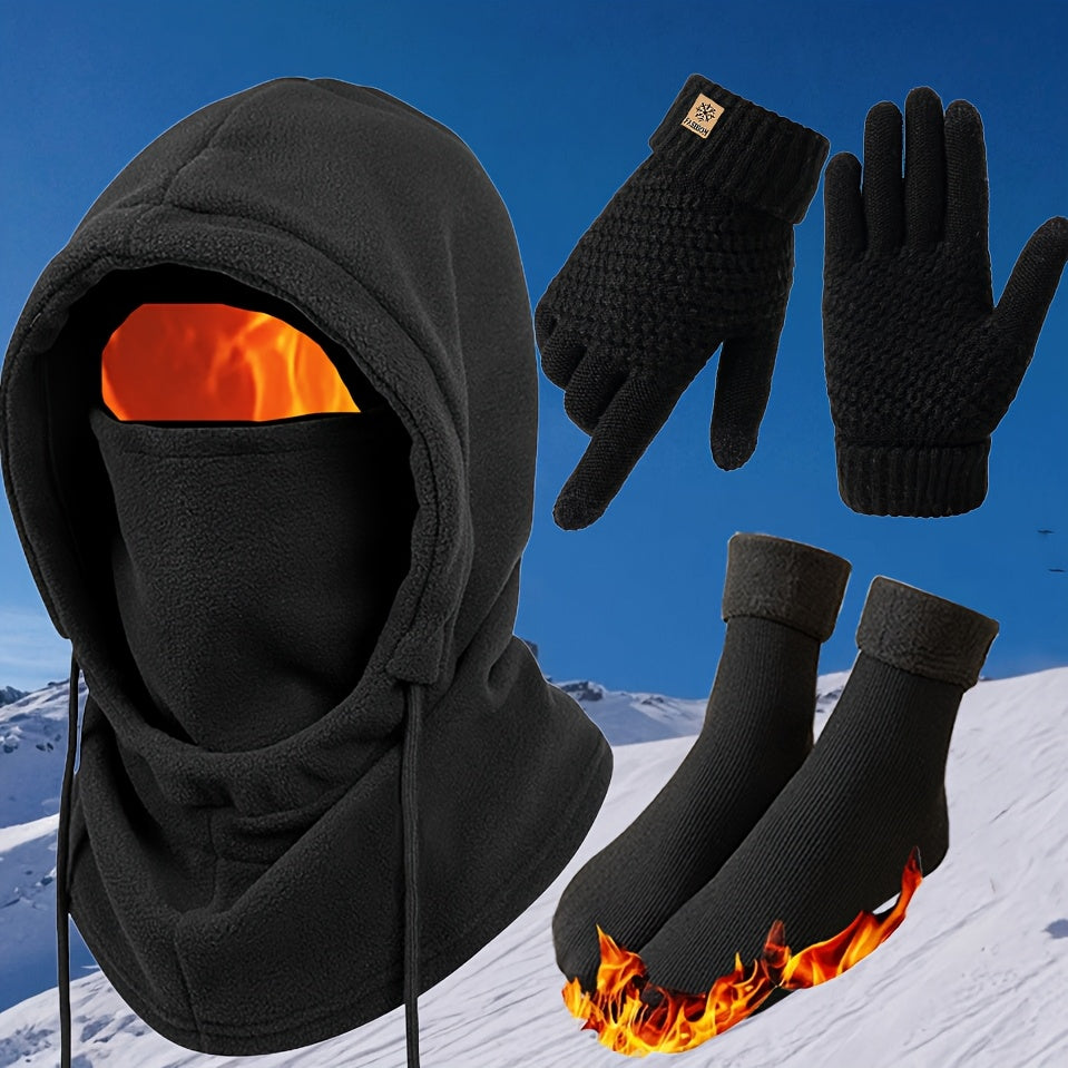 Winter Thermal Set 3 4pcs Face Mask Hat Touchscreen Gloves Fleece Socks Windproof Cold Weather Gear for Men Women – Snowboarding Hiking Ice Fishing Skiing Outdoor Winter Accessories Kit