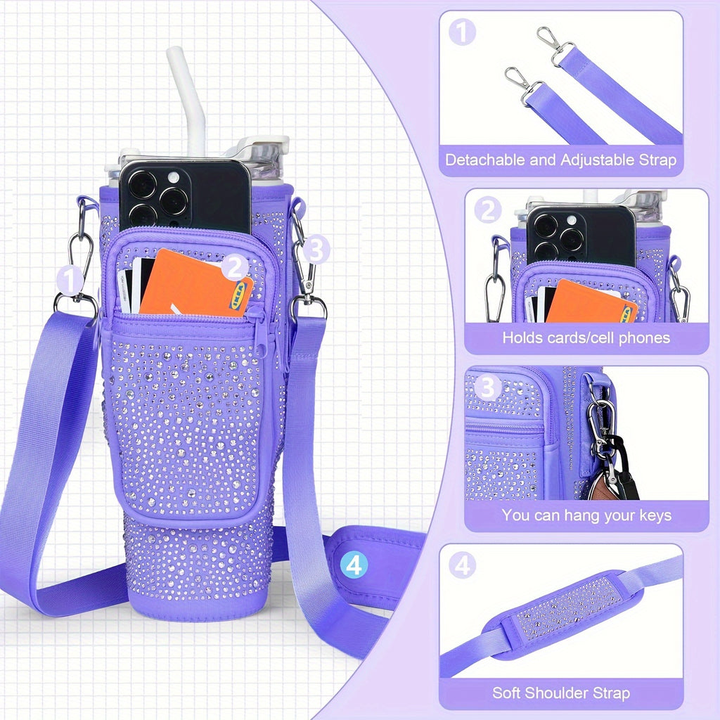 Neoprene Water Bottle Carrier Bag with Phone Pocket for 40oz 30oz Tumbler – Adjustable Strap Clip Hands-Free Bottle Holder for Hiking Camping Gym Travel Stanley Hydro Flask YETI Black Purple Pink Blue