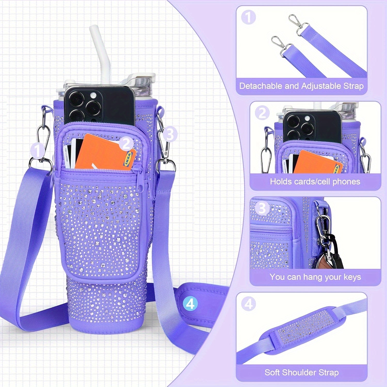 Neoprene Water Bottle Carrier Bag with Phone Pocket for 40oz 30oz Tumbler – Adjustable Strap Clip Hands-Free Bottle Holder for Hiking Camping Gym Travel Stanley Hydro Flask YETI Black Purple Pink Blue