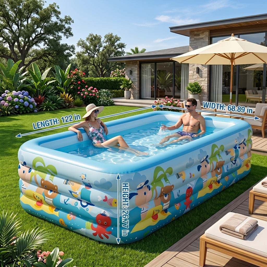 Extra Large Rectangular Inflatable Swimming Pool for Family, Thickened PVC Wear-Resistant Leak-Proof Backyard Pool for 1-6 People, Easy Setup Above Ground Pool for Garden Outdoor Summer Fun