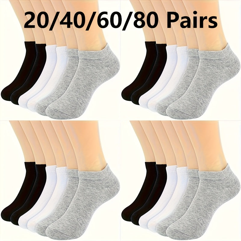Men's Bulk Pack Low Cut Ankle Socks – Solid Color Breathable Sweat-Absorbing Sports Socks 20/40/60/80 Pairs Black White One-Size