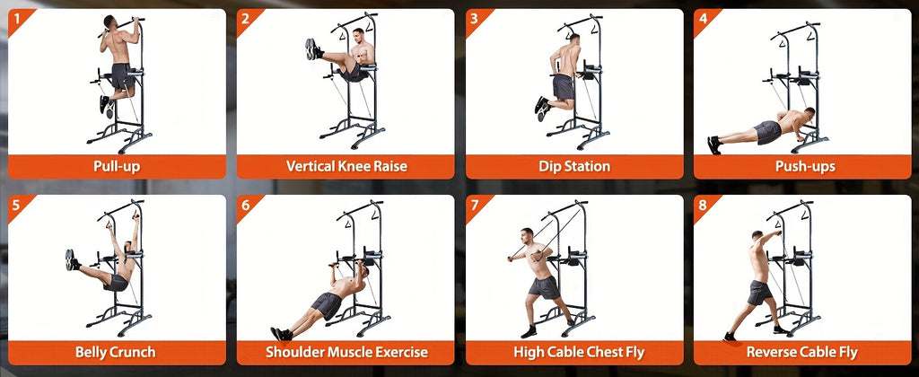 Power Tower Pull Up Bar Stand Adjustable Height 50-90 Inch 330LBS Multi-Function Dip Station Home Gym Strength Training Equipment for Pull Ups Push Ups Dips Knee Raise Men Women