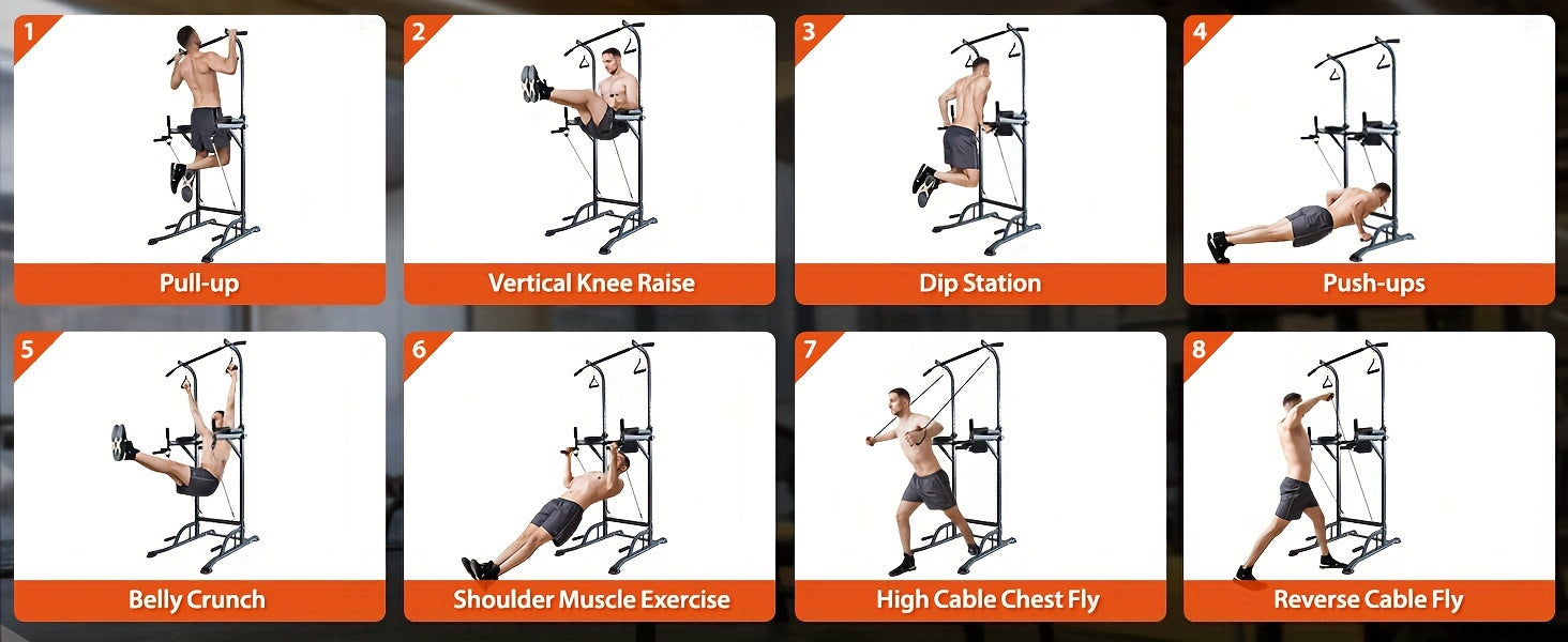 Power Tower Pull Up Bar Stand Adjustable Height 50-90 Inch 330LBS Multi-Function Dip Station Home Gym Strength Training Equipment for Pull Ups Push Ups Dips Knee Raise Men Women
