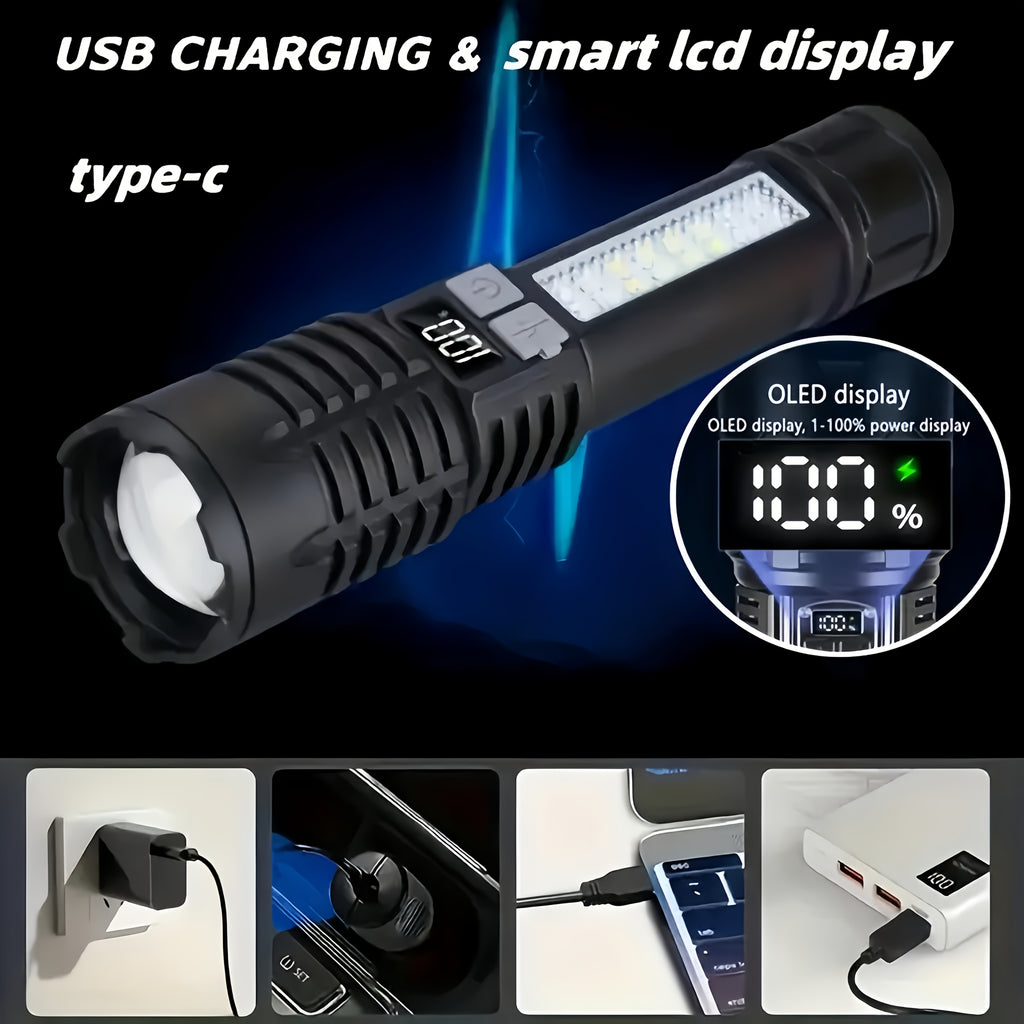 2-Pack Rechargeable LED Flashlight Combo – High Power Tactical Flashlight with COB Side Light, Telescopic Zoom & USB-C Charging for Camping, Hiking, Biking & Emergencies