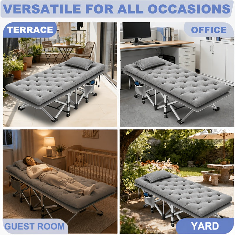 Folding Camping Cot with Mattress & Side Pockets - Heavy Duty Portable Adult Sleeping Bed, Foldable Guest Cot for Camping, Backyard, Patio, Office & RV, Compact Easy Fold