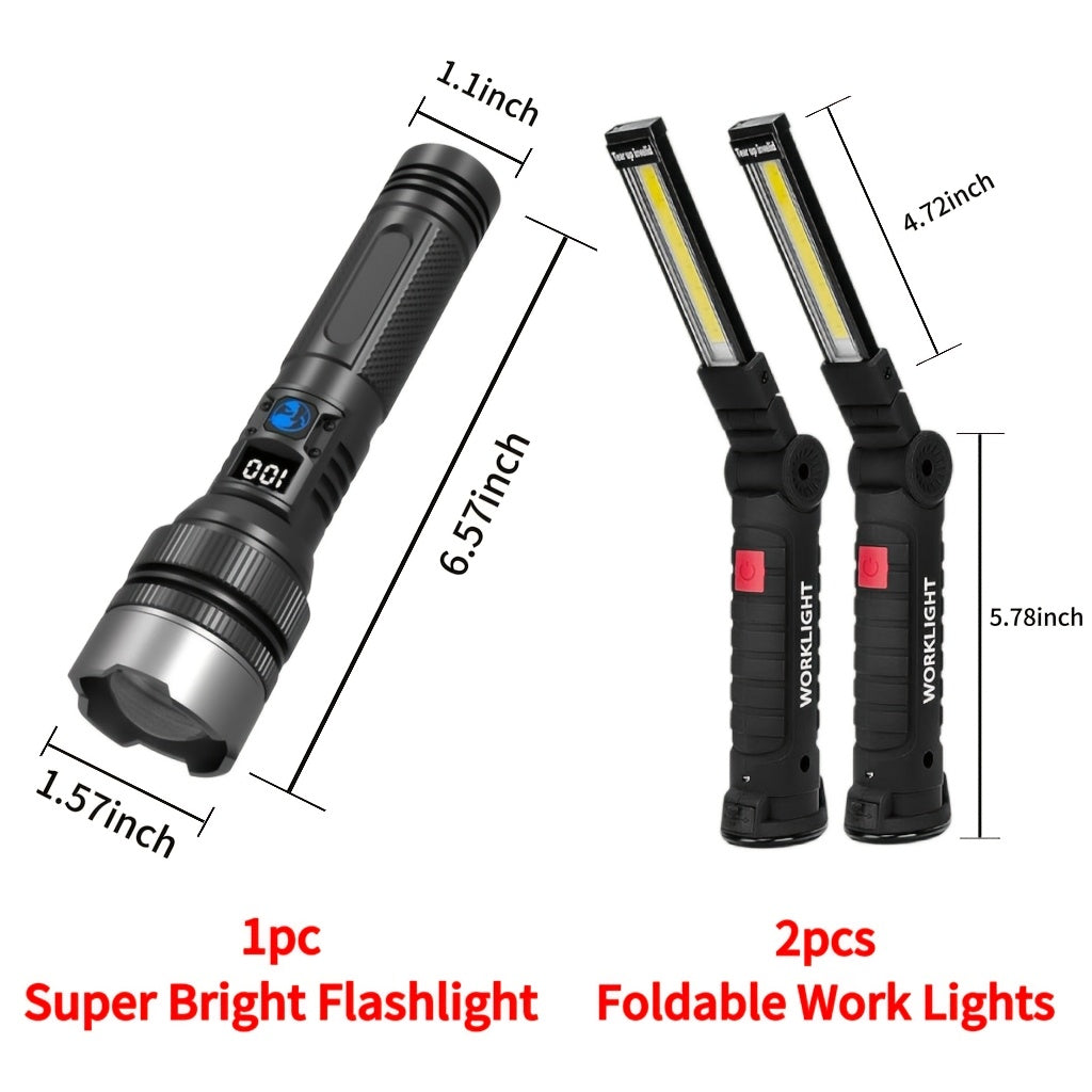 COB LED Rechargeable Work Light with Magnetic Base Multi-Pack - Portable Hanging Flashlight for Camping Garage Yard Emergency - Solar Front Mini Work Light Combo Sets