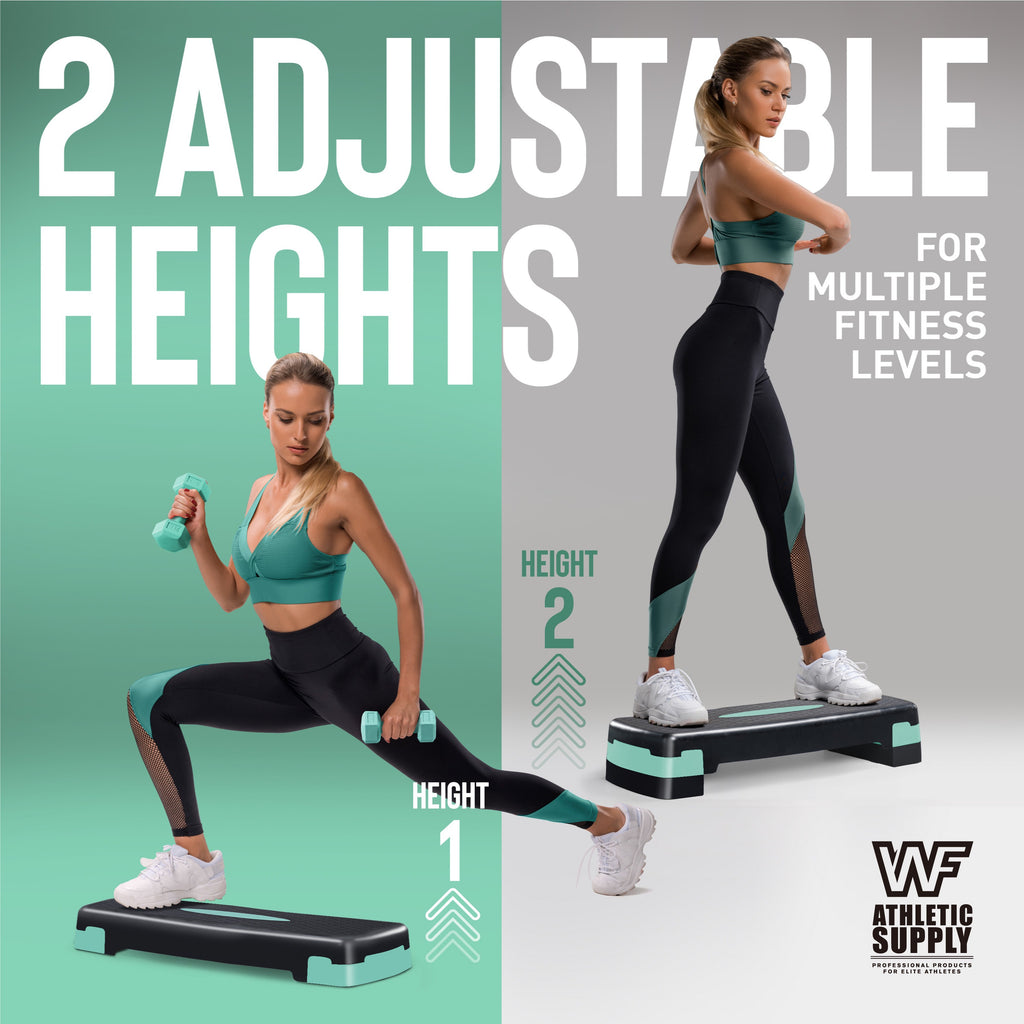 Aerobic Step Platform with Dumbbells Measuring Tape Adjustable Height 2 Level Risers Non-Slip Exercise Stepper Home Gym Workout 550LB Capacity Pink Green Blue