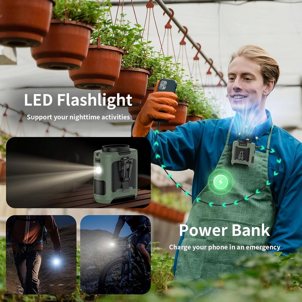 10000mAh Portable Waist Clip Fan Rechargeable Hands-Free Cooling Fan Digital Display LED Flashlight Power Bank for Outdoor Work Camping Hiking