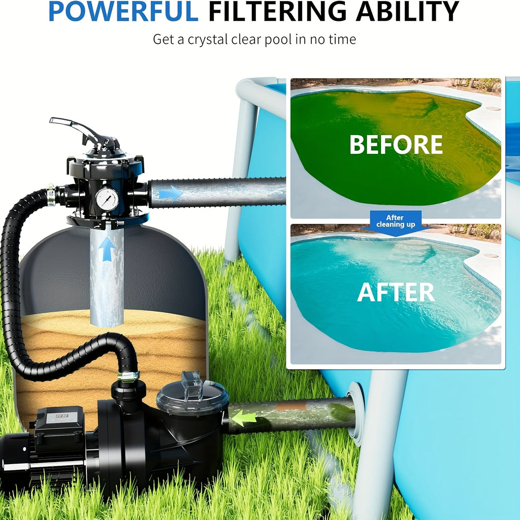 Sand Filter Pump for Above Ground Pool with Timer – 1HP 2400-4500GPH Flow, 6-Way Valve, Fits 13000-20000 Gallon Pools, 12in 13in 16in Models, Enhanced Circulation System