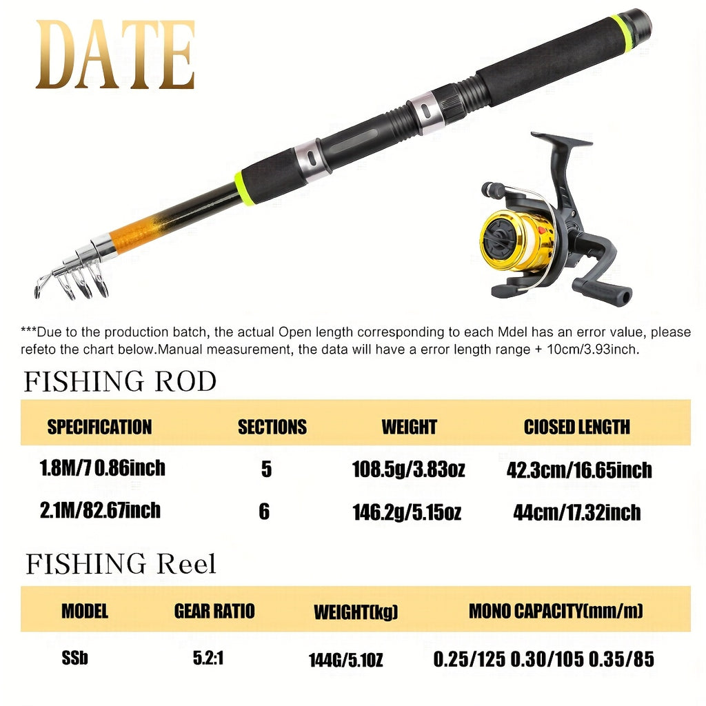 Fishing Rod and Reel Combo Beginner Starter Kit Telescopic Spinning Rod with Hard Soft Baits Accessories Box Bag Ambidextrous 70-83 Inch