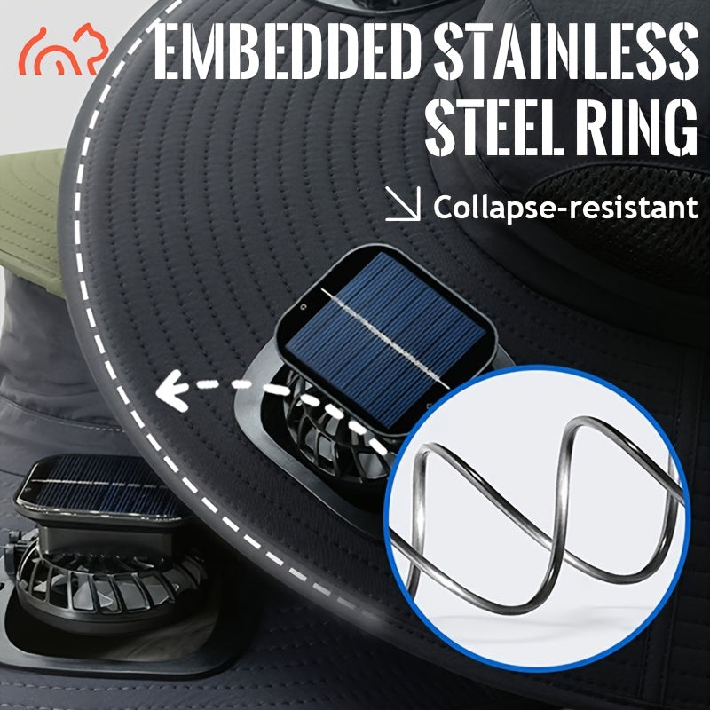 USB Rechargeable Dual Fan Hat Solar Sun Cap with Adjustable Strap Powerful Airflow Long Battery Life Cooling Hat for Fishing Hiking Camping Gardening Outdoor Activities