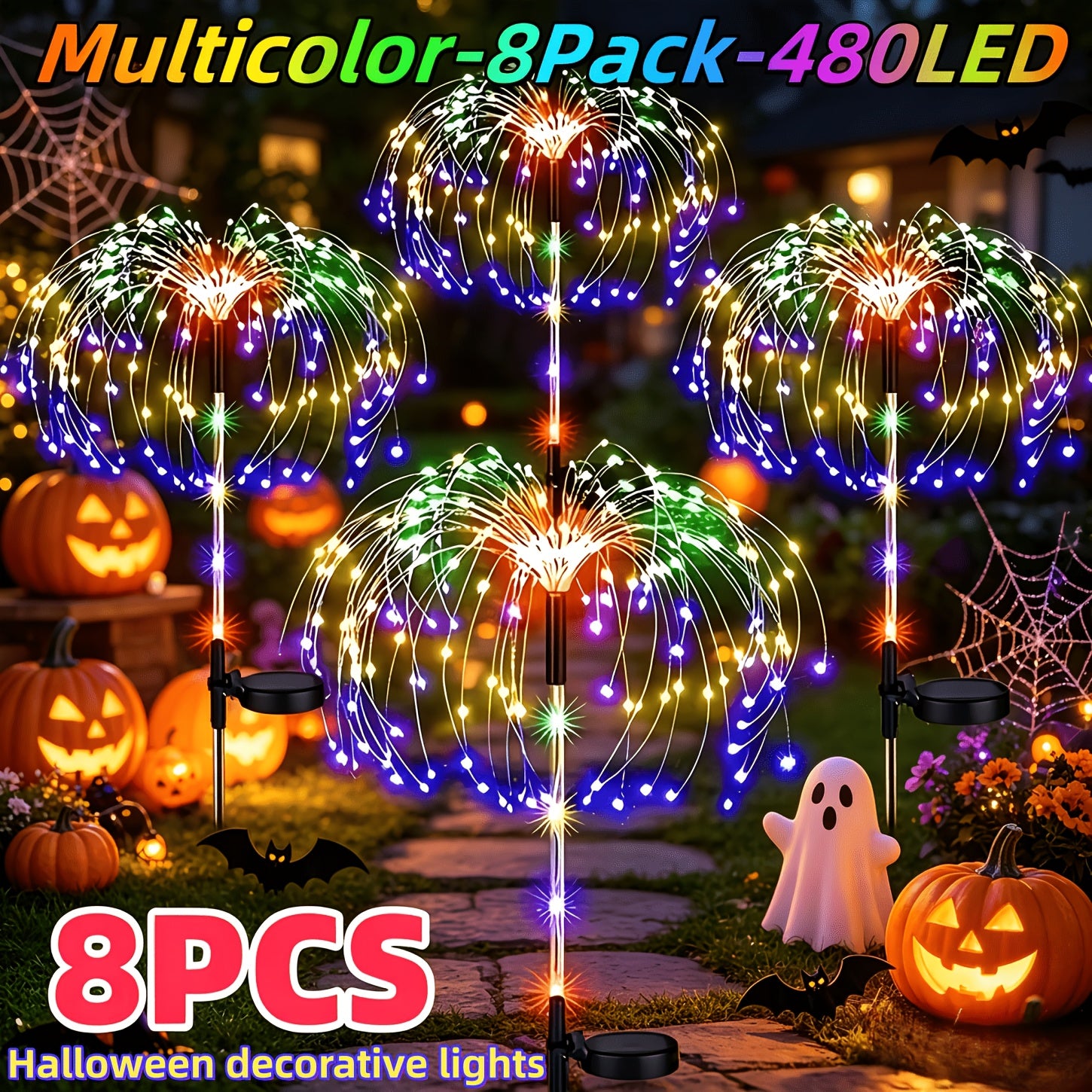 Solar Firework Lights Outdoor 8-Pack – 480 LED, IP65 Waterproof, 8 Lighting Modes, Solar Powered Stake Lights for Garden, Lawn, Pathway & Patio | Christmas, Halloween & Holiday Decor