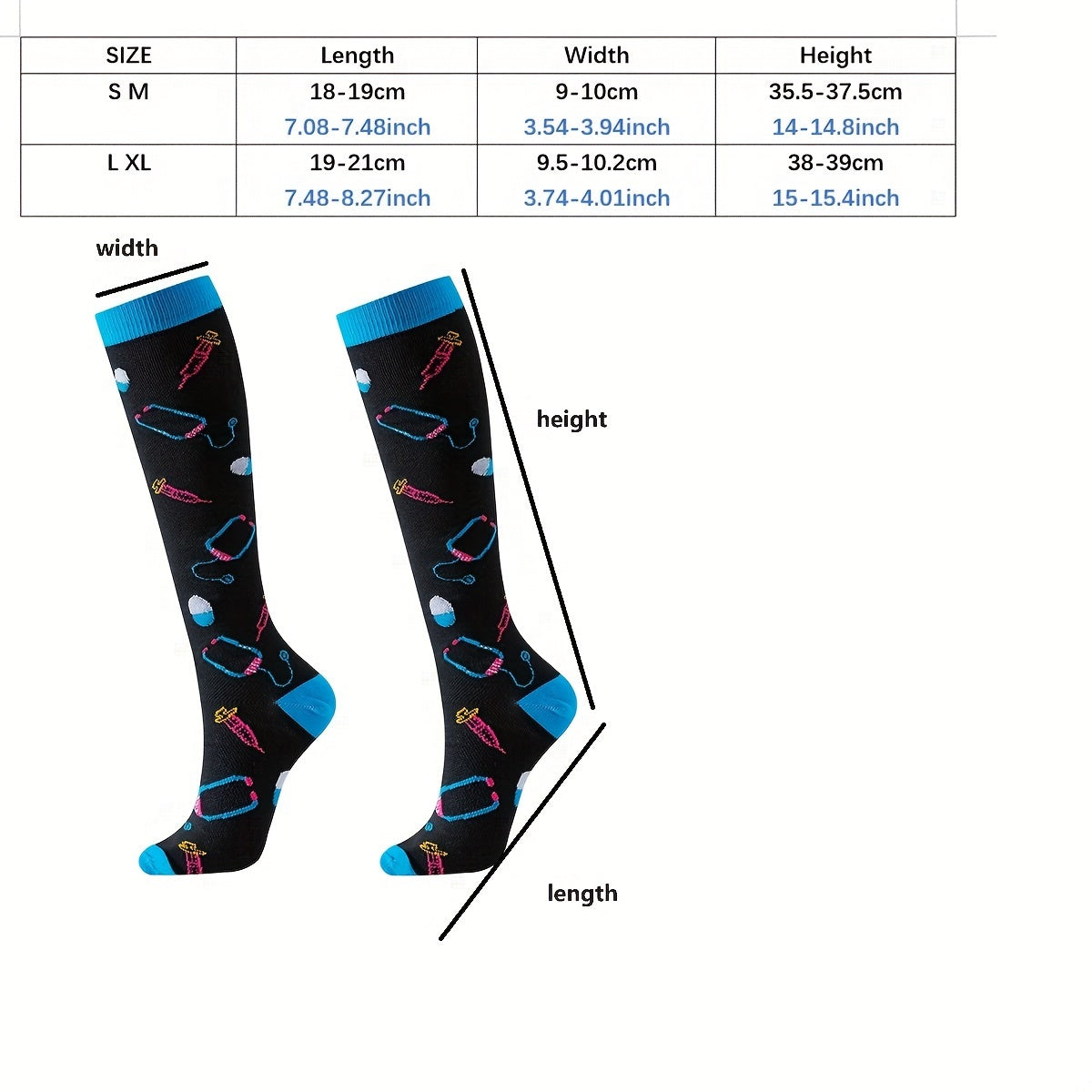 6 Pairs Knee High Compression Socks Unisex Over the Knee Athletic Stockings 65% Nylon Fun Cartoon Pattern for Running Gym Sports Women Men Sizes S/M L/XL