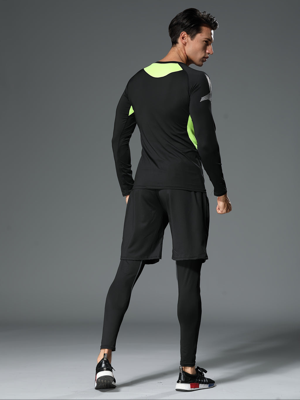 Men's 3-Piece Compression Sports Suit Quick-Dry – Moisture-Wicking Gym Running Training Outfit, High Elastic Breathable Activewear for Cycling Hiking Fitness, Grey & Fluorescent Green, S-XXL
