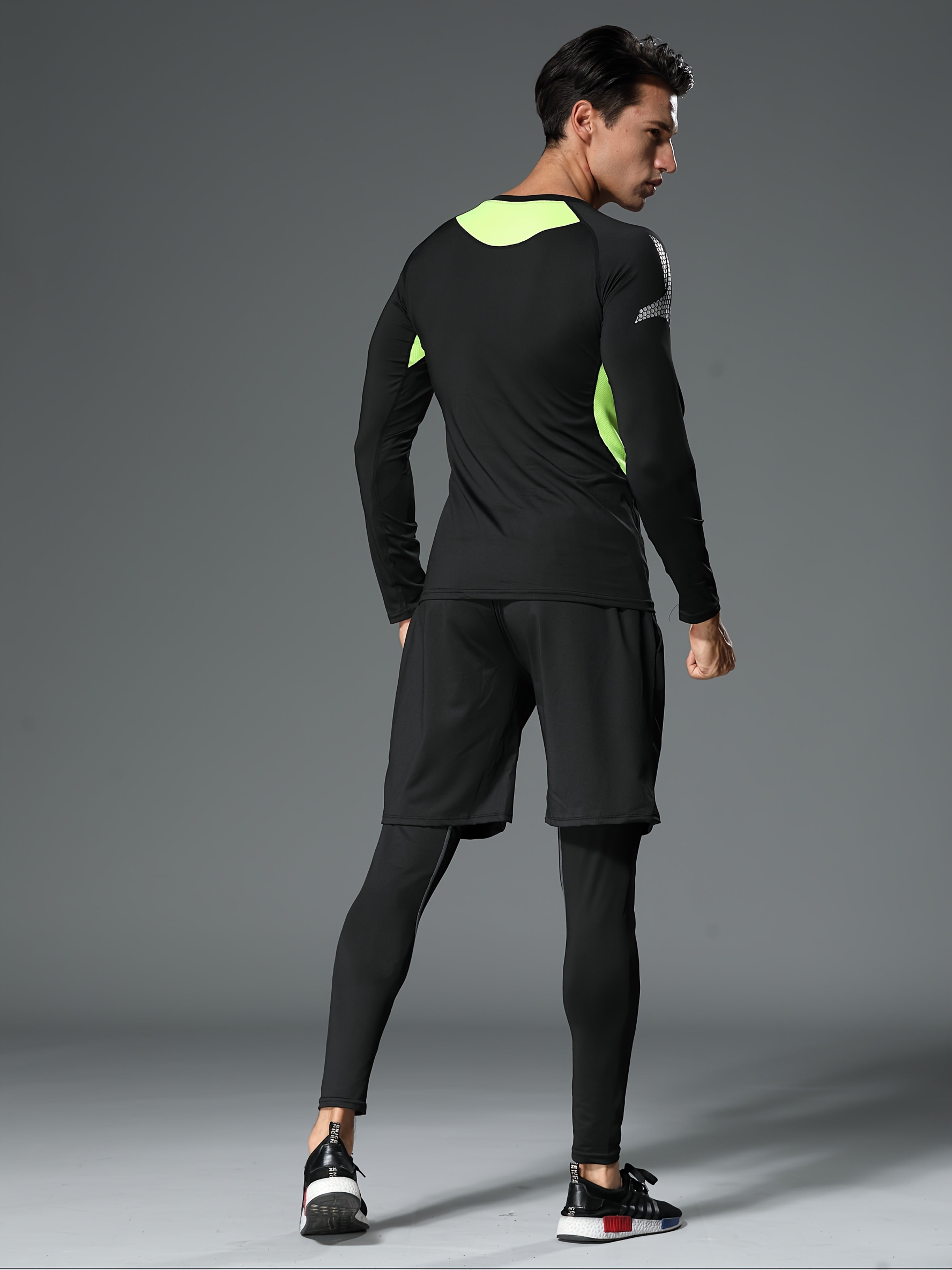 Men's 3-Piece Compression Sports Suit Quick-Dry – Moisture-Wicking Gym Running Training Outfit, High Elastic Breathable Activewear for Cycling Hiking Fitness, Grey & Fluorescent Green, S-XXL