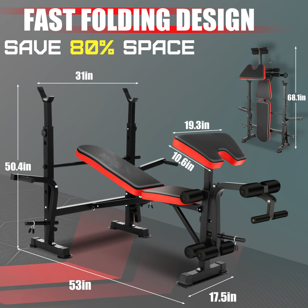 Weight Bench Set with Squat Rack – Adjustable Foldable Workout Bench Press, Leg Developer & Preacher Curl Pad for Home Gym Full Body Training | 800–1200 LBS Capacity | Black, Red, Pink