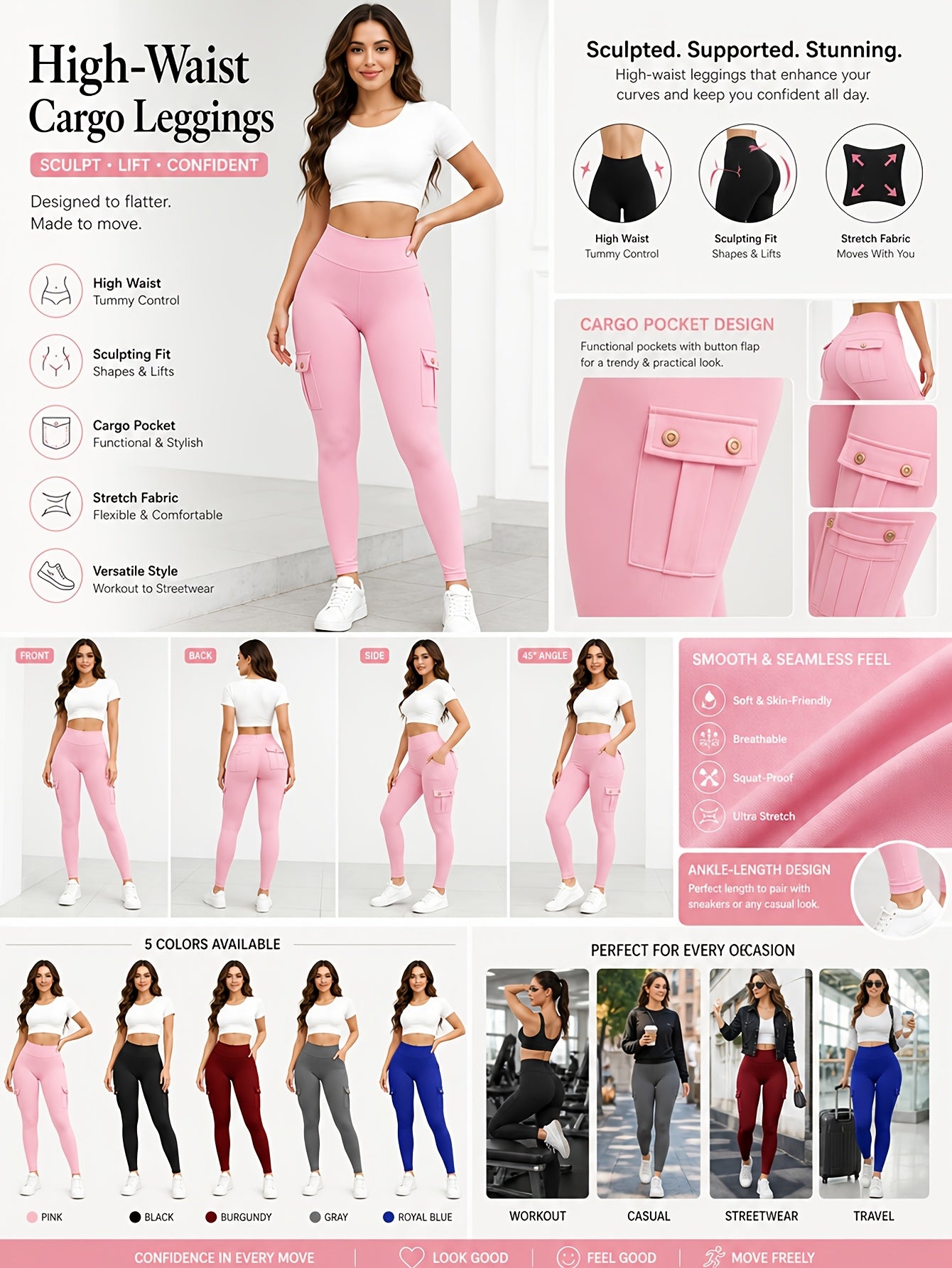 5 Pack Women's High Waist Yoga Leggings with Pockets – Tummy Control, 4-Way Stretch, Slim Fit, Soft & Breathable Workout Leggings for Gym, Running & Daily Wear, M-XXL