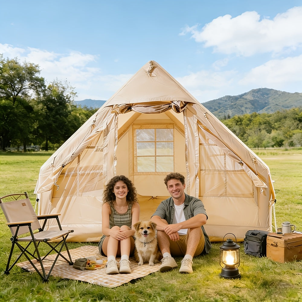 Inflatable Glamping Tent for 4-6 Person – 4-Season Large Luxury Air Tent with Optional Skylight & Stove Jack, Manual Pump Included, Windproof Family Camping Shelter (6.3-12 sqm)