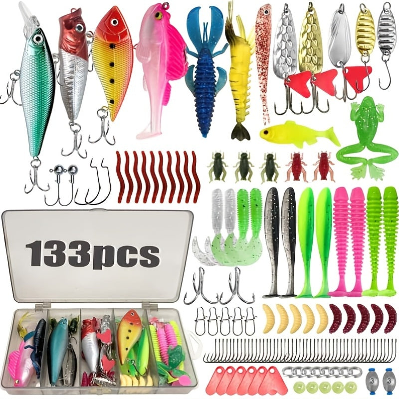 133-Piece Fishing Kit – Spinner Baits Wobblers Lead Jigs Sinkers Hooks & Storage Box Complete Freshwater Beginner Tackle Set for Bass Trout Carp