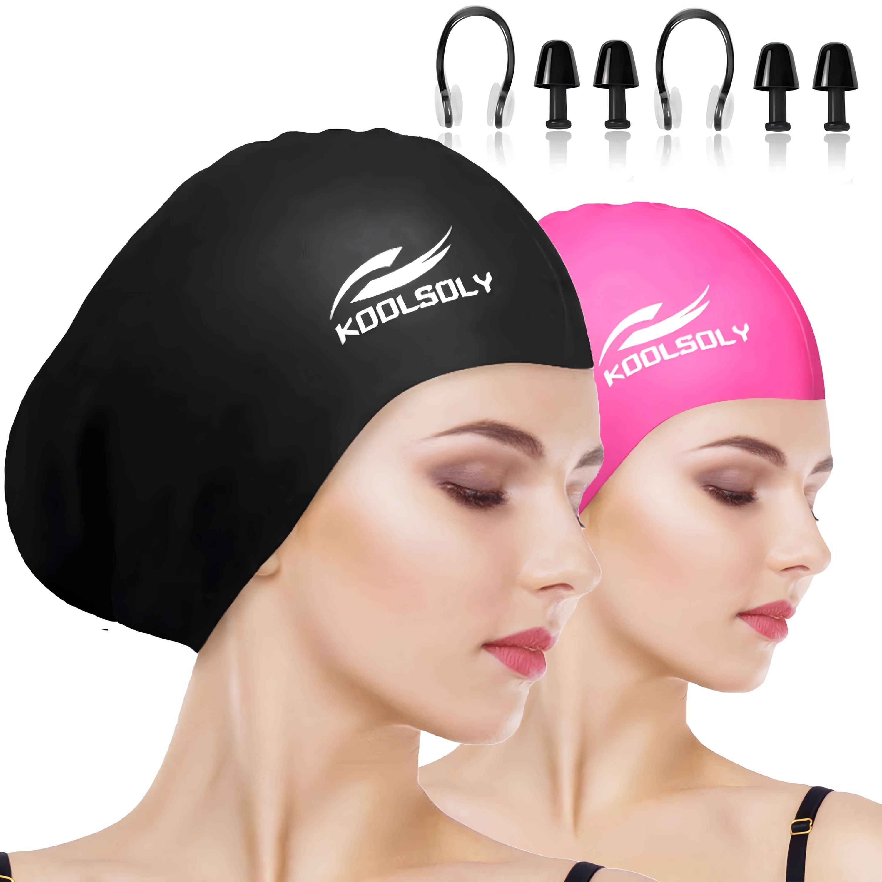 Silicone Swimming Cap 2-Pack with Ear Protection for Long Hair – Includes Earplugs & Nose Clip – Waterproof Swim Cap Set for Women Men Adults Pool Beach Lap Swimming Multiple Color Combos