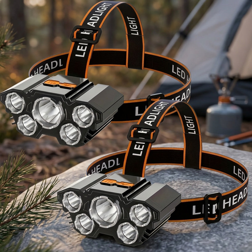 LED Headlamp USB Rechargeable 2-Pack – 5 LED 4 Lighting Modes IPX3 Waterproof Lithium Battery Head Lamp for Camping, Hiking, Fishing & Emergency Use